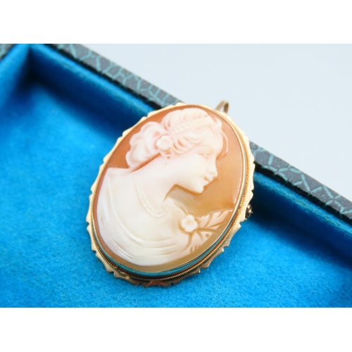 295 - 9 Carat Yellow Gold Mounted Ladies Cameo Brooch Oval Form Lady Side Profile 4cm High