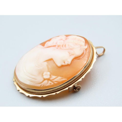 295 - 9 Carat Yellow Gold Mounted Ladies Cameo Brooch Oval Form Lady Side Profile 4cm High