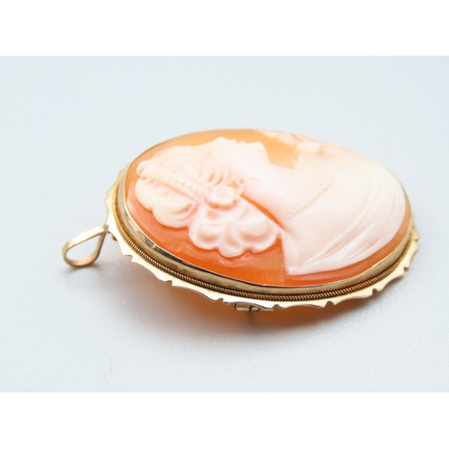 295 - 9 Carat Yellow Gold Mounted Ladies Cameo Brooch Oval Form Lady Side Profile 4cm High