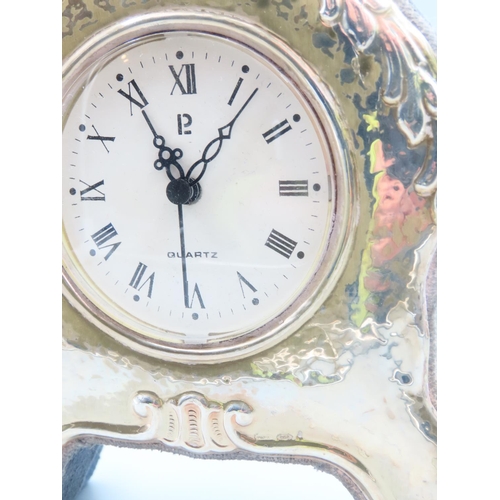 307 - Silver Desk Clock Roman Numeral Decorated Dial Quartz Movement 15cm High