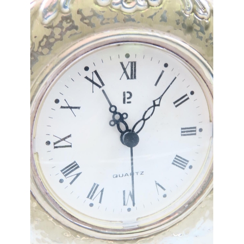 307 - Silver Desk Clock Roman Numeral Decorated Dial Quartz Movement 15cm High