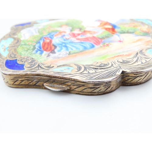 310 - Antique Enamel Work Decorated Silver Ladies Compact Shaped Form Hinged Cover 8cm Deep x 9cm Wide