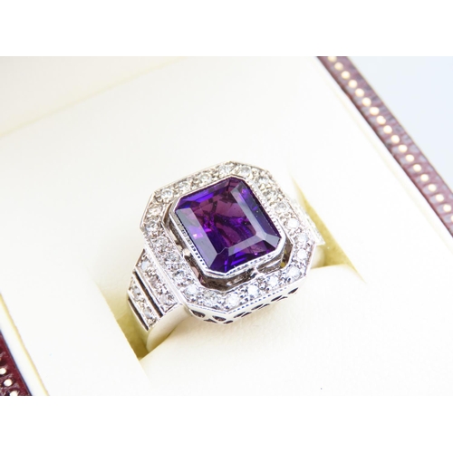 312 - Amethyst and Diamond Set 18 Carat White Gold Ring Halo Set Diamonds Ring Size O