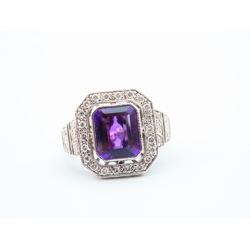 312 - Amethyst and Diamond Set 18 Carat White Gold Ring Halo Set Diamonds Ring Size O