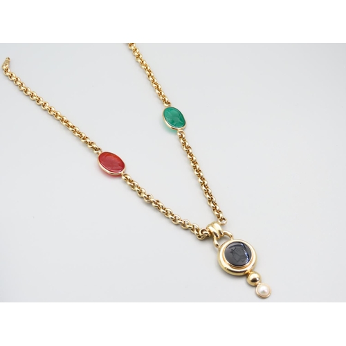 321 - 14 Carat Yellow Gold Carnelian Onyx Jade and Pearl Set Ladies Necklace 50cm Long