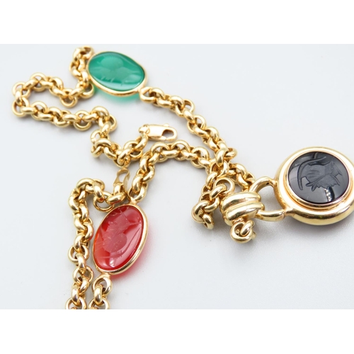 321 - 14 Carat Yellow Gold Carnelian Onyx Jade and Pearl Set Ladies Necklace 50cm Long