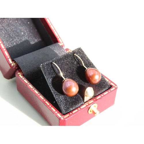 326 - Pair of 9 Carat Yellow Gold Set Chocolate Pearl Earrings Each 2cm Drop