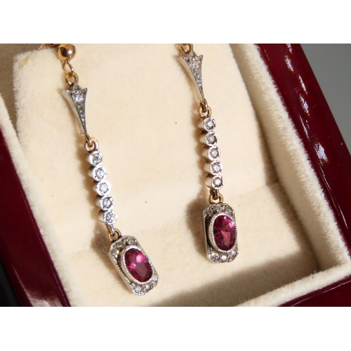 335 - Pair of Pink Tormohlen and Diamond Set 9 Carat Yellow Gold Drop Earrings Each 4cm High