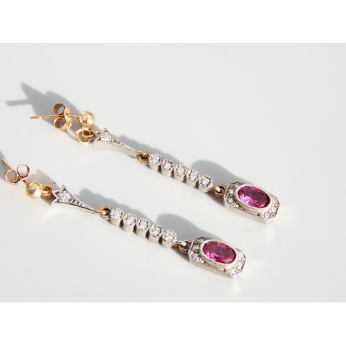 335 - Pair of Pink Tormohlen and Diamond Set 9 Carat Yellow Gold Drop Earrings Each 4cm High