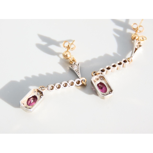 335 - Pair of Pink Tormohlen and Diamond Set 9 Carat Yellow Gold Drop Earrings Each 4cm High