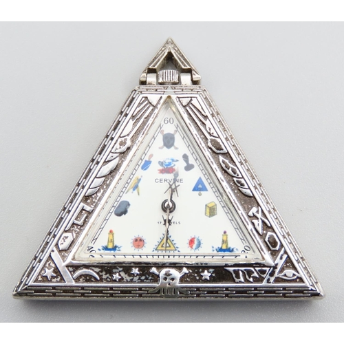 338 - Silver Mesonic Interest Triangular Form Watch Enamel Decorated Dial Various Symbols etc Seventeen Je... 