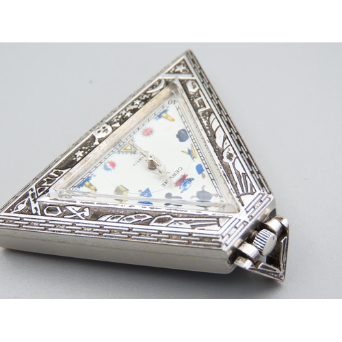 338 - Silver Mesonic Interest Triangular Form Watch Enamel Decorated Dial Various Symbols etc Seventeen Je... 