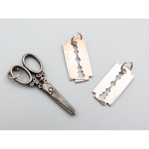 340 - Three Silver Pendants Vintage Two Razor Blade Motif One Scissor