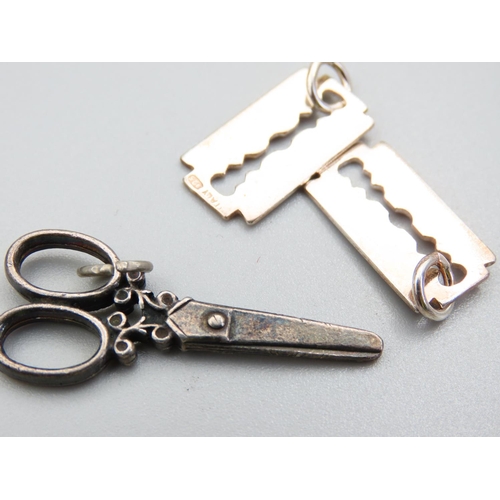 340 - Three Silver Pendants Vintage Two Razor Blade Motif One Scissor