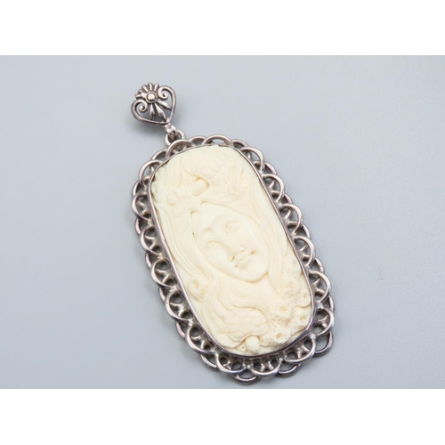 341 - Art Nouveau Silver Mounted Pendant of Generous Form Pierced Detailing to Boarders 8cm High