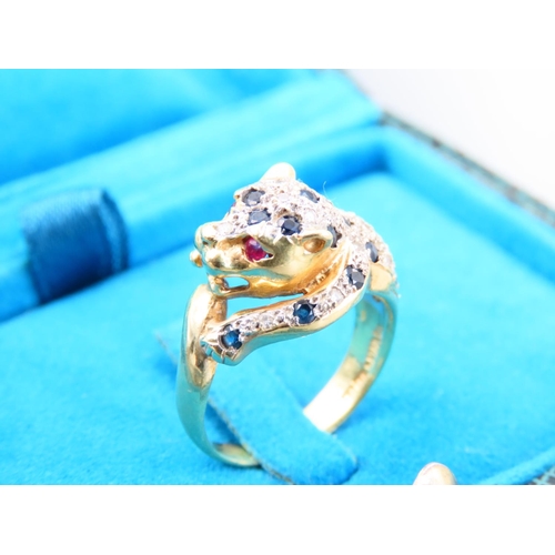 350 - Panther Motif Decorated Ring Ruby Eyes Diamond and Sapphire Inset Decoration 18 Carat Yellow Gold At... 