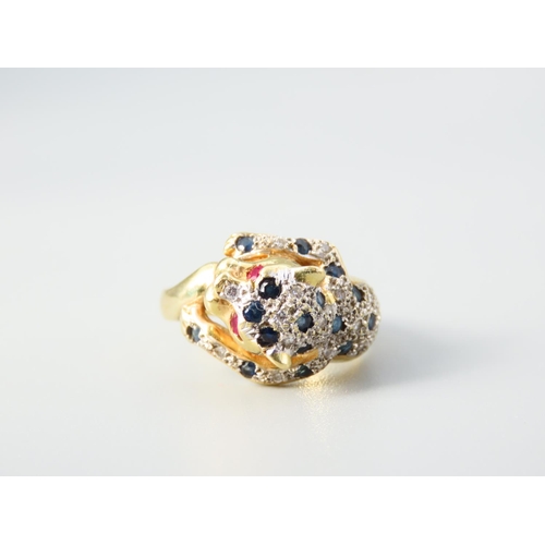 350 - Panther Motif Decorated Ring Ruby Eyes Diamond and Sapphire Inset Decoration 18 Carat Yellow Gold At... 