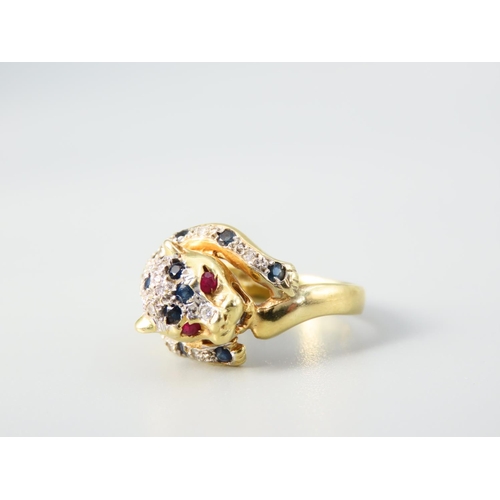 350 - Panther Motif Decorated Ring Ruby Eyes Diamond and Sapphire Inset Decoration 18 Carat Yellow Gold At... 