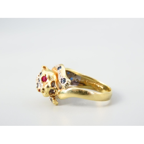 350 - Panther Motif Decorated Ring Ruby Eyes Diamond and Sapphire Inset Decoration 18 Carat Yellow Gold At... 