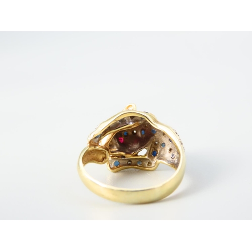 350 - Panther Motif Decorated Ring Ruby Eyes Diamond and Sapphire Inset Decoration 18 Carat Yellow Gold At... 