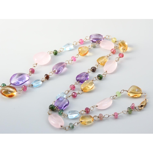 358 - Emerald Amethyst Aquamarine and Other Gemstone Set Ladies 9 Carat Gold Mounted Necklace