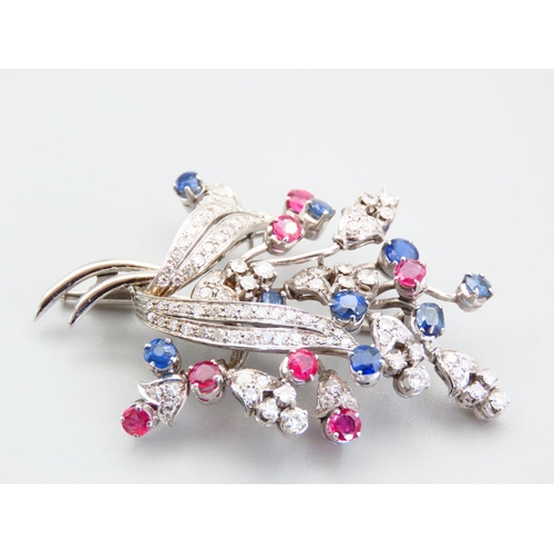 362 - 18 Carat White Gold Diamond  Sapphire and Ruby Set Ladies Brooch High Colour and Scintillation Throu... 