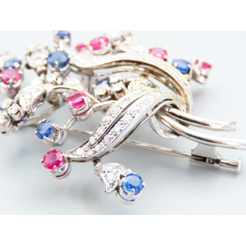 362 - 18 Carat White Gold Diamond  Sapphire and Ruby Set Ladies Brooch High Colour and Scintillation Throu... 