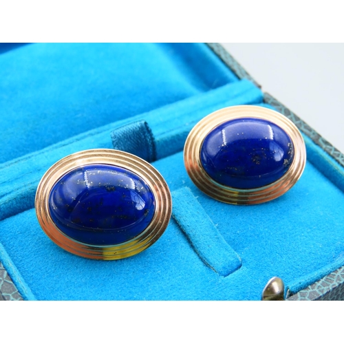 365 - Pair of 14 Carat Yellow Gold Lapis Lazuli Cabochon Cut Oval Form Earrings Attractively Detailed Each... 