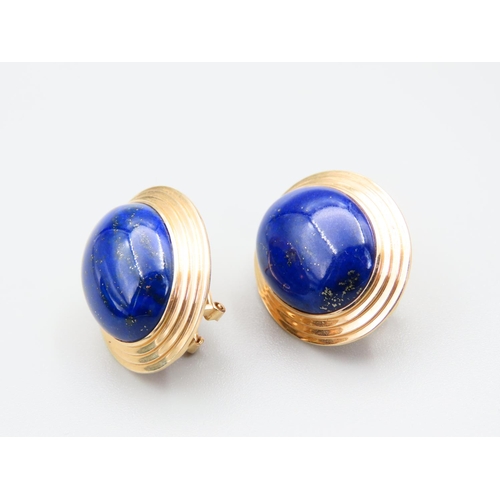 365 - Pair of 14 Carat Yellow Gold Lapis Lazuli Cabochon Cut Oval Form Earrings Attractively Detailed Each... 