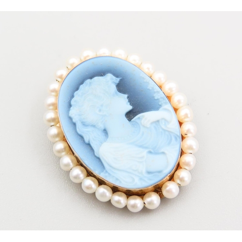 372 - Seed Pearl 9 Carat Yellow Gold Bound Cameo Brooch Classical Lady Side Profile Attractively Detailed ... 