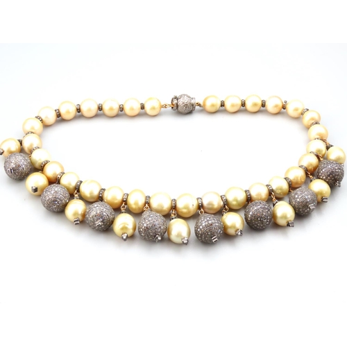 373 - Baroque Form Champagne Pearl and Diamond Set Ladies Necklace Attractive Pearls Golden Hue Necklace 4... 