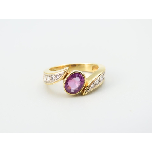 374 - 18 Carat Yellow Gold Diamond Set Amethyst Centre Stone Ring Size I