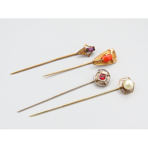 375 - Four Gold Stick Pins Garnet Pearl and Amethyst Decoration Each Tallest Approximately 7cm Long