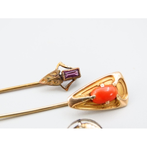 375 - Four Gold Stick Pins Garnet Pearl and Amethyst Decoration Each Tallest Approximately 7cm Long