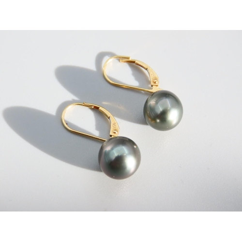 379 - Pair of Tahitian Pearl Set 18 Carat Yellow Gold Earrings Each 3cm Drop