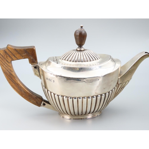 398 - Antique Silver Teapot with Hinged Cover Ribbed Decoration 22cm Wide x 12cm High