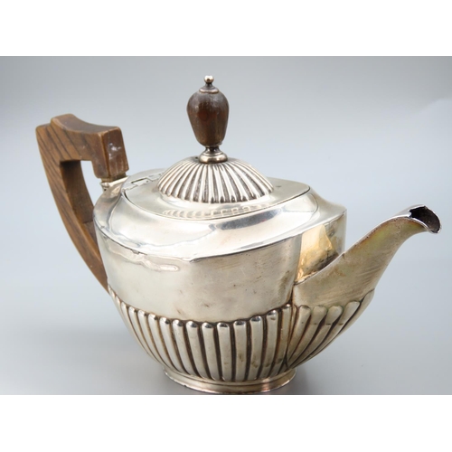 398 - Antique Silver Teapot with Hinged Cover Ribbed Decoration 22cm Wide x 12cm High