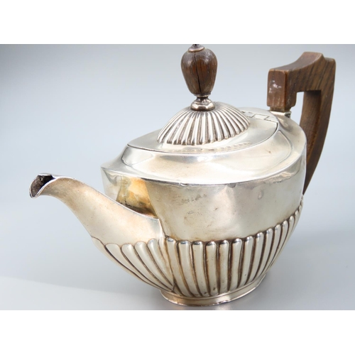 398 - Antique Silver Teapot with Hinged Cover Ribbed Decoration 22cm Wide x 12cm High