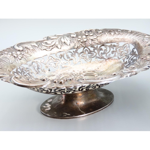 407 - Silver Table Dish Embossed Decoration Pedestal Form 30cm Wide x 22cm Deep x 8cm High