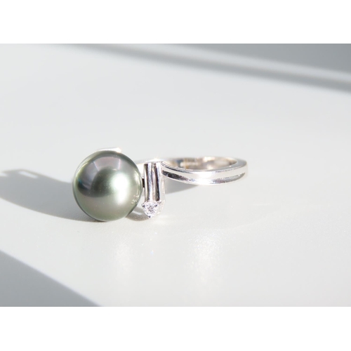 410 - 9 Carat White Gold Pearl and Diamond Set Ladies Ring Size O