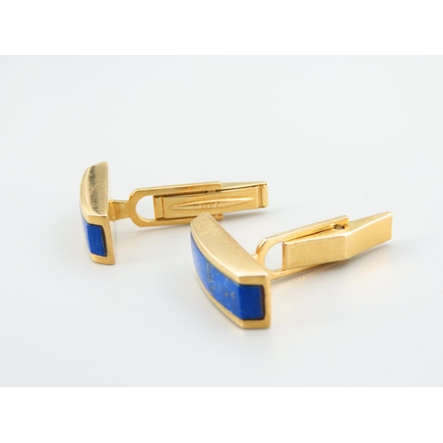 412 - Pair of 18 Carat Yellow Gold Polished Lazuli Panel Set Cufflinks Vintage