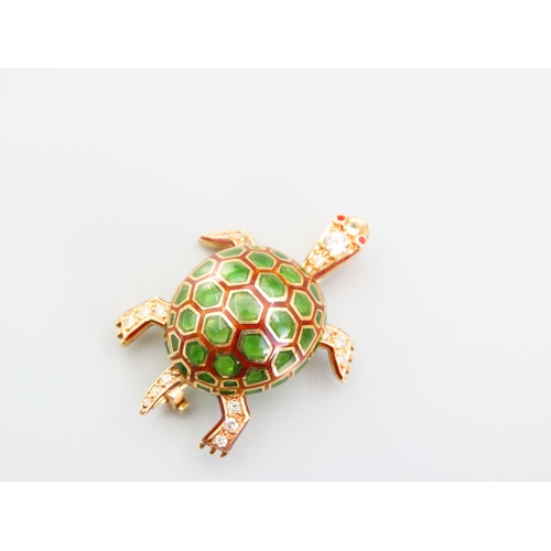 418 - Peridot and Diamond Set 18 Carat Yellow Gold Tortoise Motif Ladies Broach Attractively Detailed 12 G... 