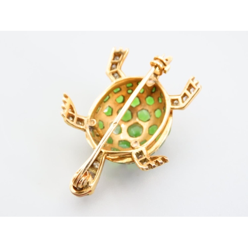 418 - Peridot and Diamond Set 18 Carat Yellow Gold Tortoise Motif Ladies Broach Attractively Detailed 12 G... 