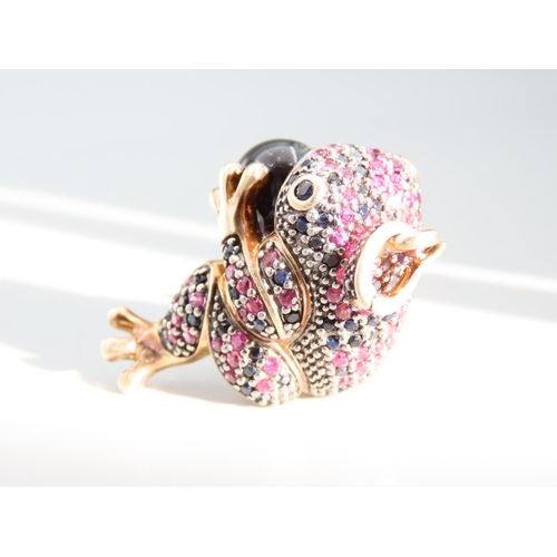 421 - Frog Motif Silver Sapphire and Ruby Set Pendant Attractively Detailed with Frog Holding Polished Gar... 