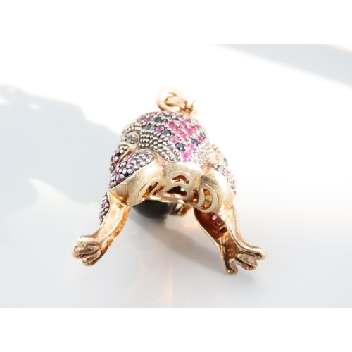 421 - Frog Motif Silver Sapphire and Ruby Set Pendant Attractively Detailed with Frog Holding Polished Gar... 