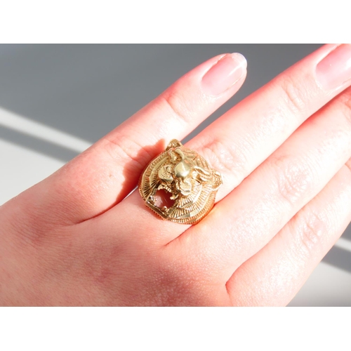 422 - Lion Head Motif 9 Carat Yellow Gold Ring Size P Incised Detailing