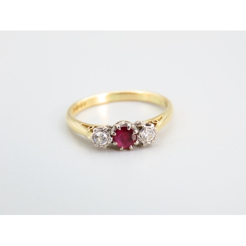 431 - 18 Carat Gold Ruby and Diamond Ladies Three Stone Ring Size P