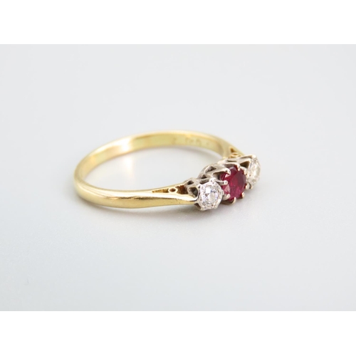 431 - 18 Carat Gold Ruby and Diamond Ladies Three Stone Ring Size P