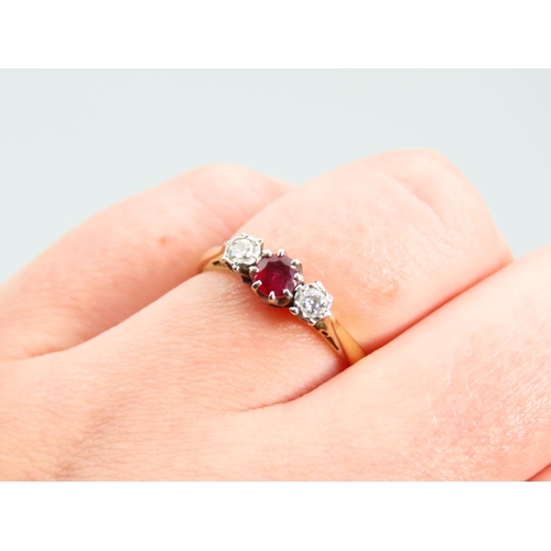 431 - 18 Carat Gold Ruby and Diamond Ladies Three Stone Ring Size P