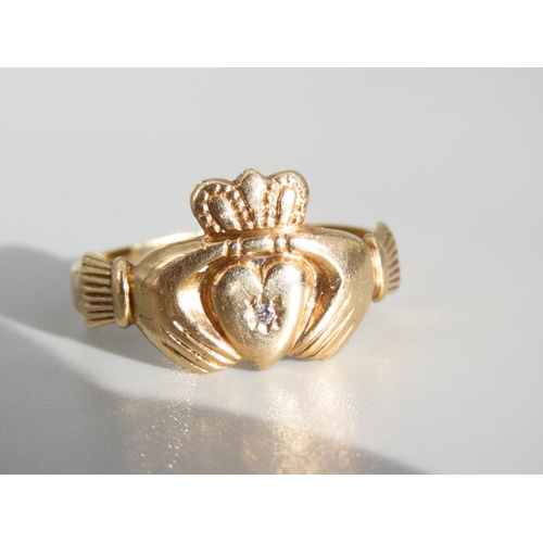 440 - Diamond Set Claddagh Ring 9 Carat Yellow Gold Ring Size Y and a Half